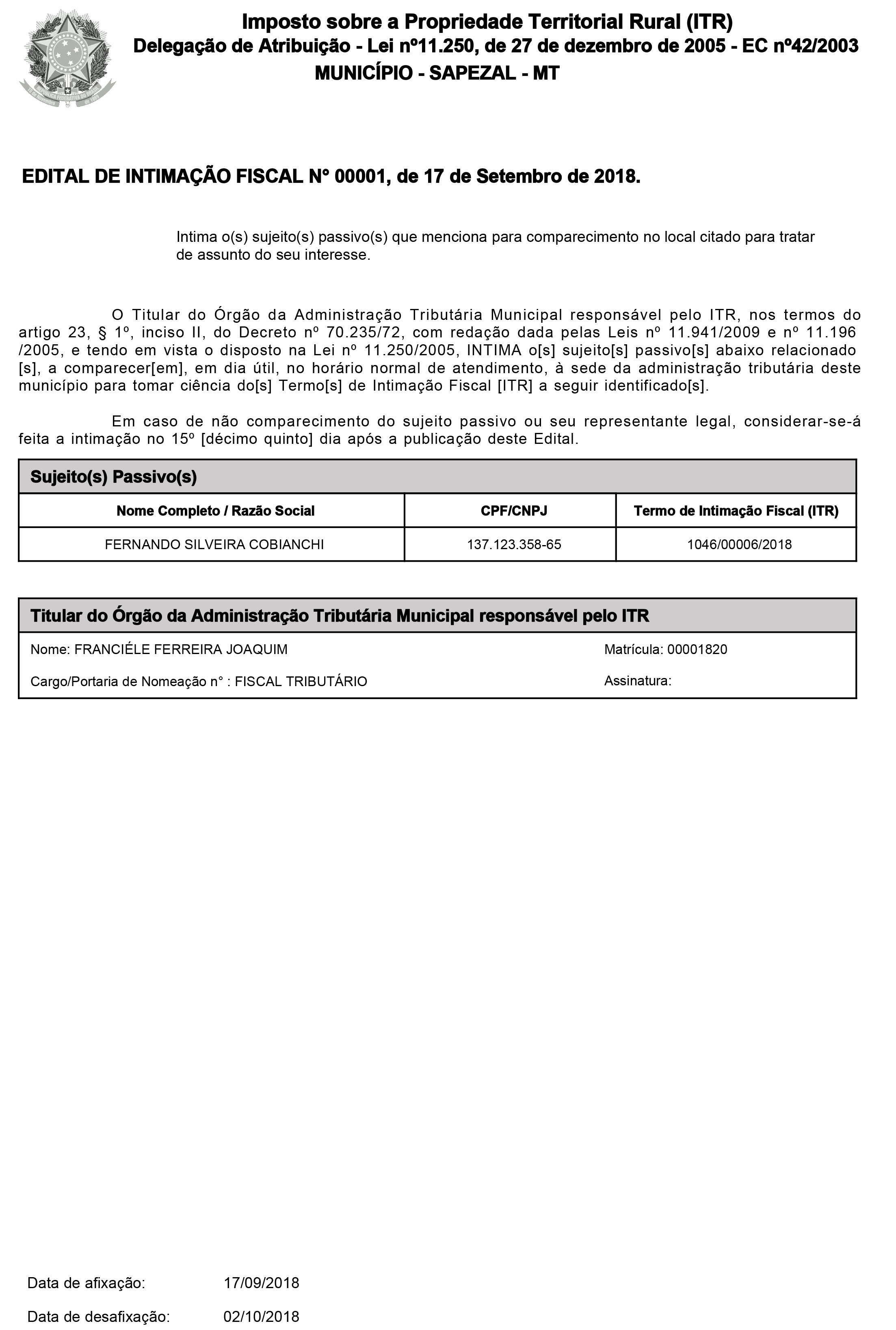 edital de intimação nº000012018