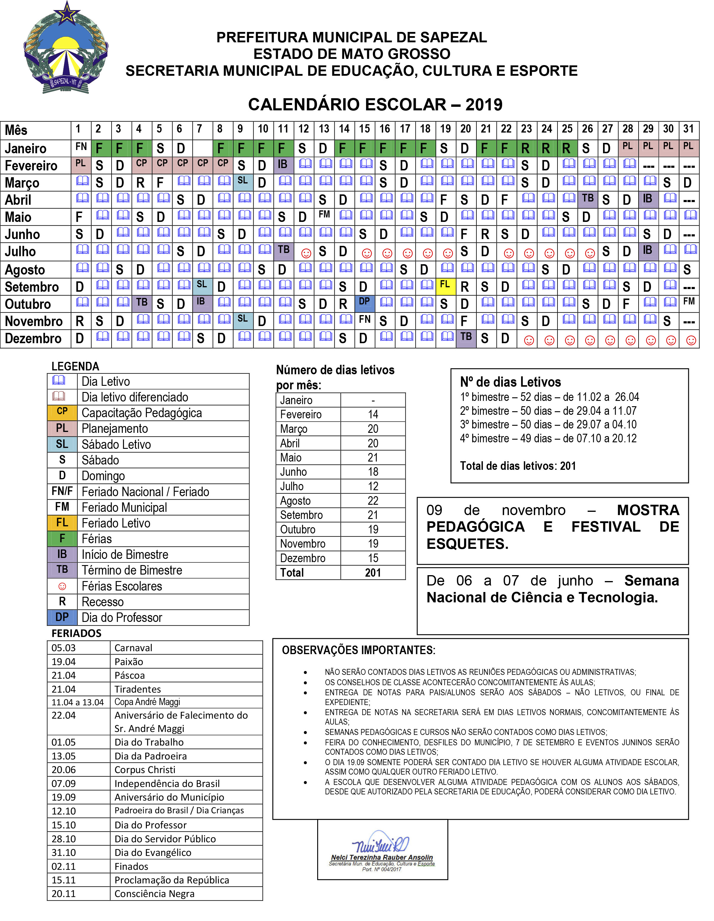 CALENDÁRIO ESCOLAR 2019